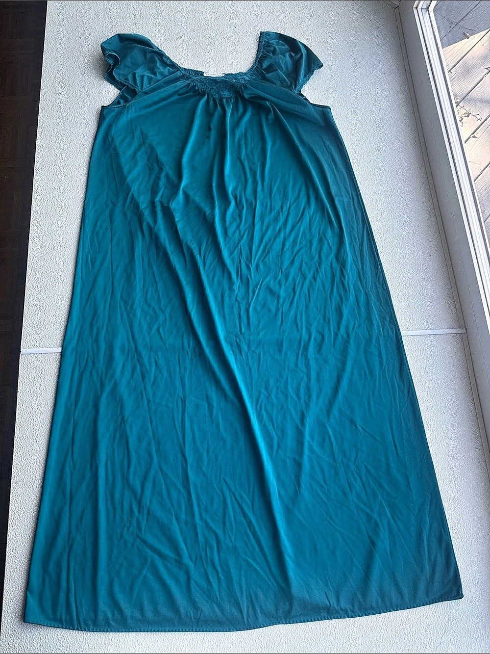 Vintage Lorraine Teal Nylon Lace Maxi Nightgown M Made in USA 70s 80s